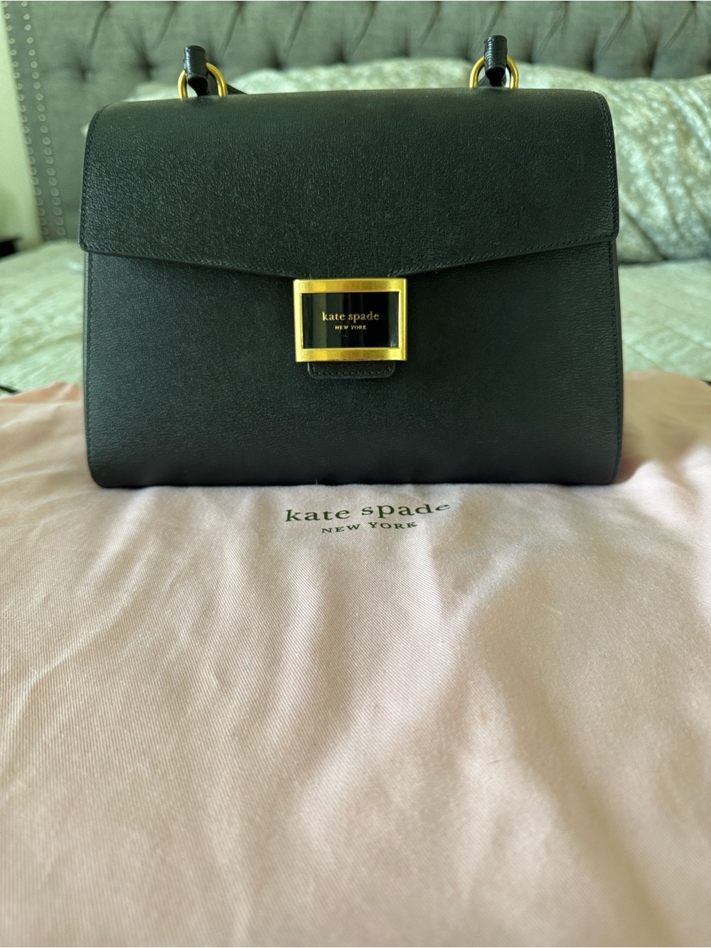 Kate Spade New York Black Leather Top-Handle Shoulder Bag Purswith Gold Hardware